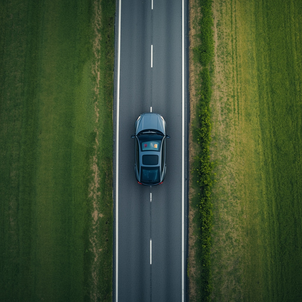 lucid origin Aerial view. Modern car driving on a beautiful Romanian road. Green landscape. S 0