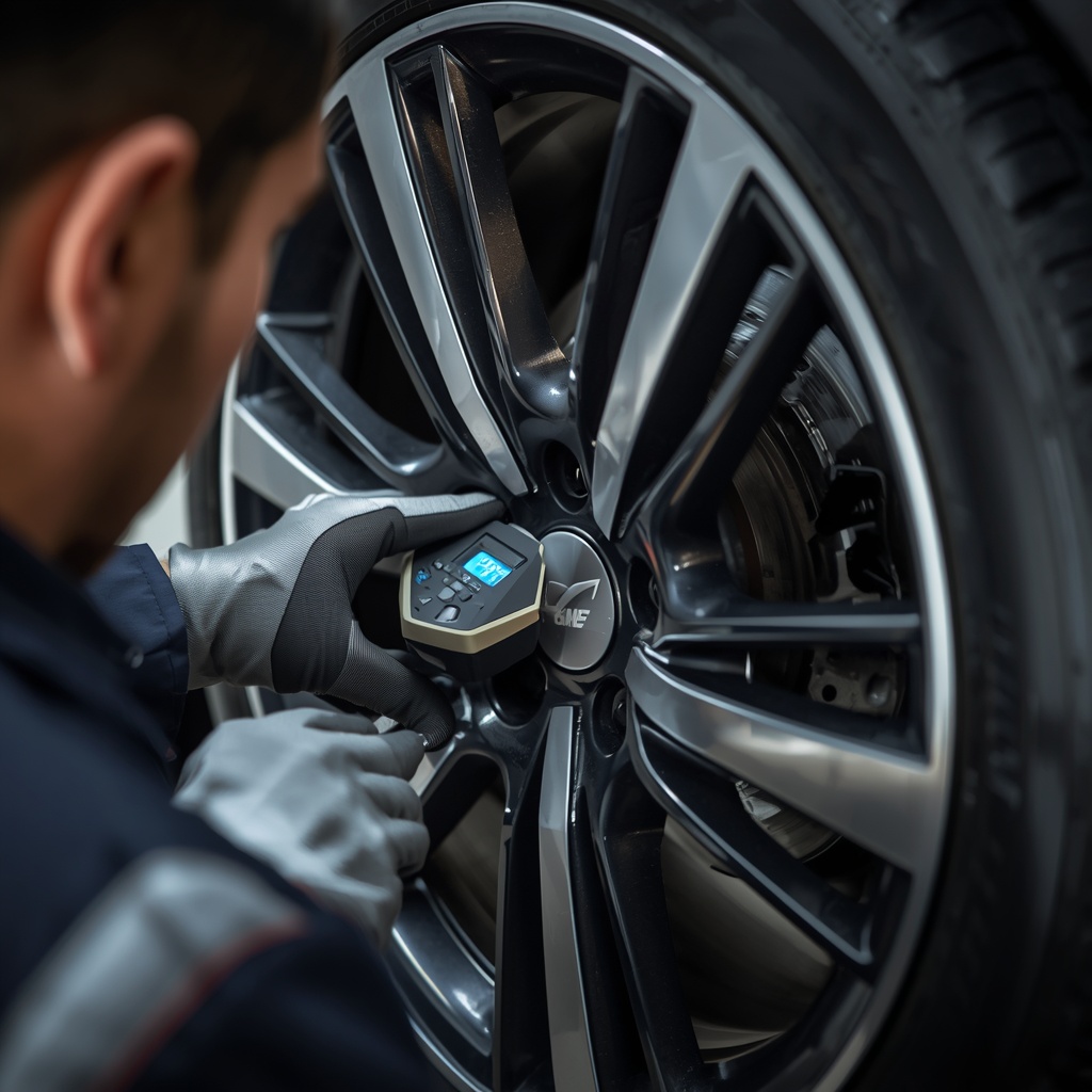 lucid origin Close up photo. Mechanic checking tire pressure with digital gauge. Modern alloy 0