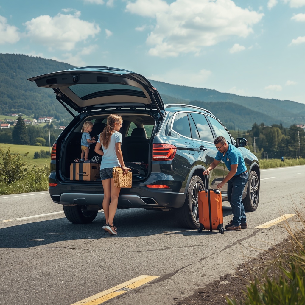 lucid origin Ultra realistic photograph. Family loading luggage into a modern SUV before summ 0